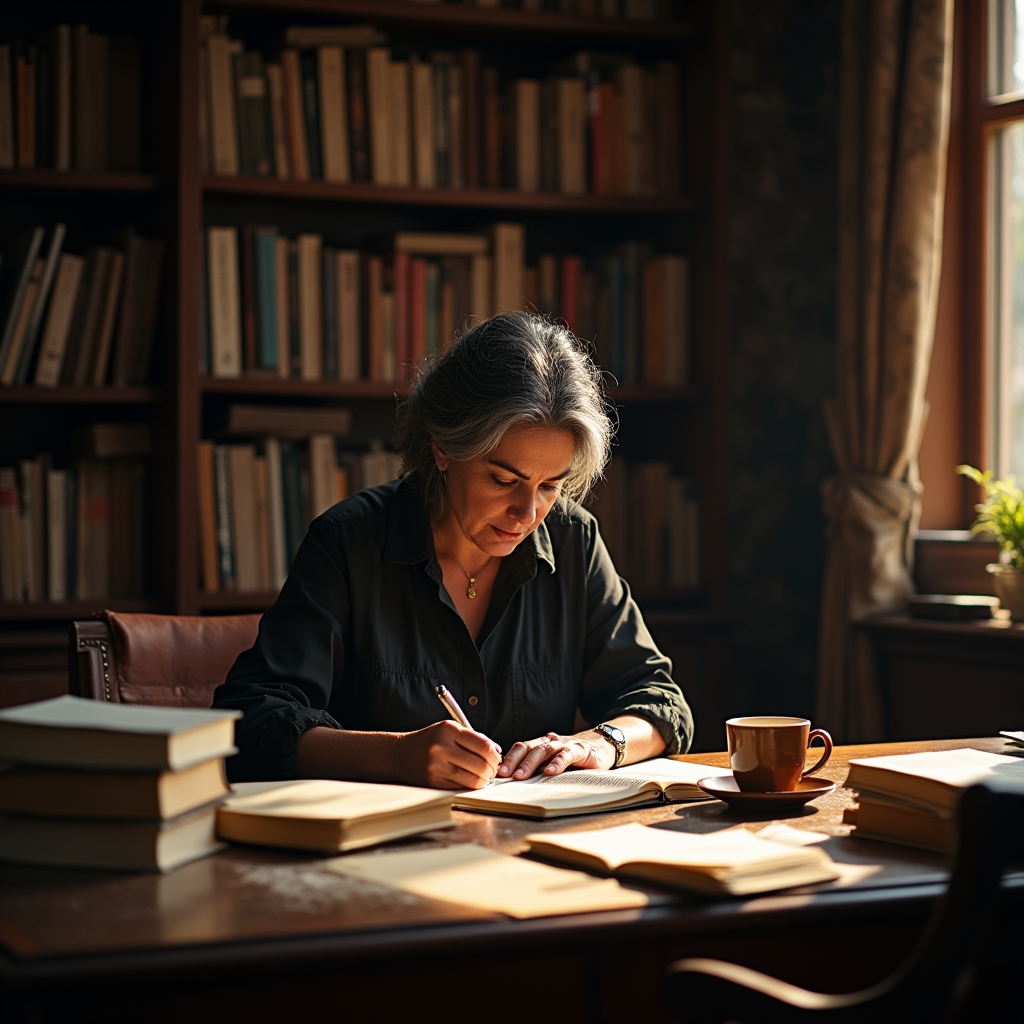 Independent author at writing desk surrounded by books and research notes